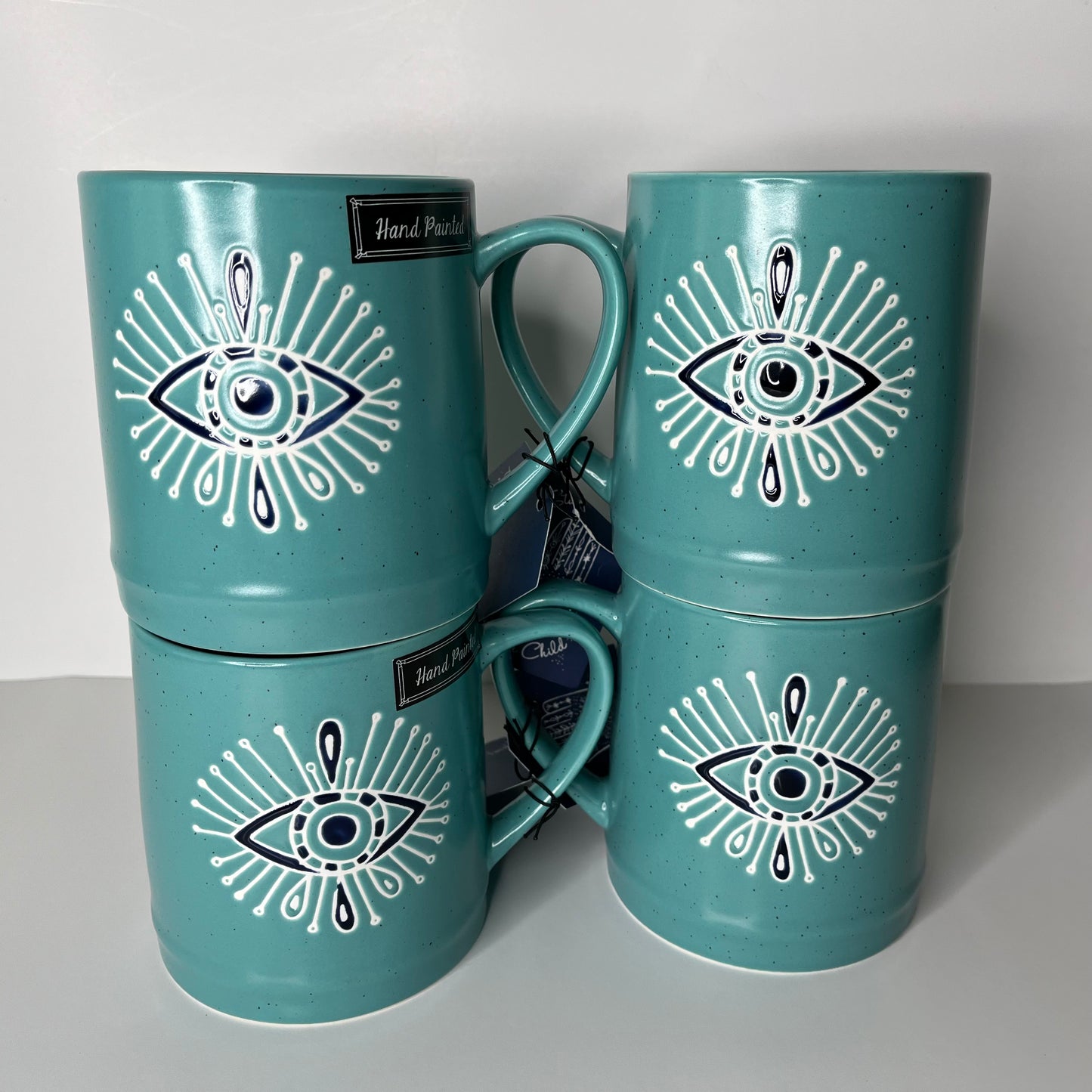 Hand-Painted Turquoise Eye Mug – 16 oz Ceramic Cup (set of 4)