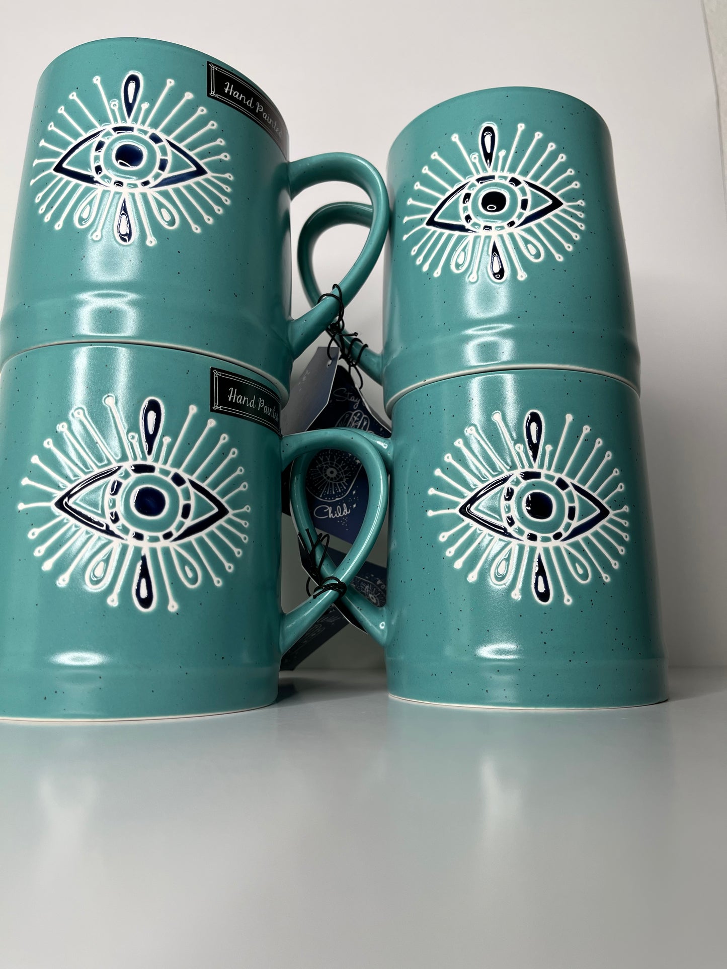 Hand-Painted Turquoise Eye Mug – 16 oz Ceramic Cup (set of 4)